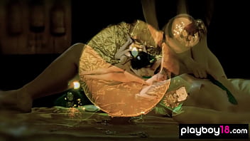 Skinny Brunette Lesbian Babe Massaging Her Blonde Mistress thumbnail