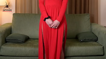 Hazel ash tries on and models a wonderful red dress