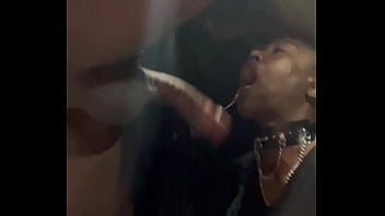 Petite ebony sucks cum out of trucker