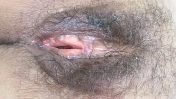 Look at my big hairy pussy after fucking i love the cock cumming inside me