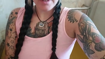 Hot and busty girl next door sucks big dildo while no one is home