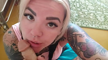 Hot and busty girl next door sucks big dildo while no one is home