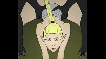 Elf confronts a beast in the woods