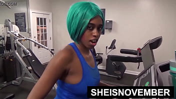 Hd risky public sex after walking bare assed naked on gym treadmill kinky young busty black exhibitionist sheisnovember curvy brown ass cheeks and heavy boobs exposed before riding cock while standing closeup taboo erotica by msnovember
