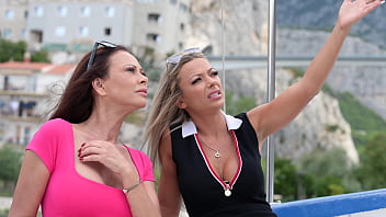 What happens on vacay chapter 1 busty bffs shalina devine and olivia del rio share a double ended dildo on board boat trip gp3246