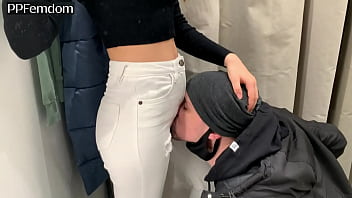 Spitting public humiliation and kissing ass and pussy in white jeans by petite mistress