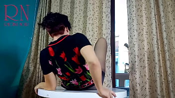 Nice lady in pantyhose and heels striptease at the round table 32