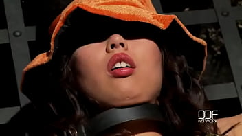 Busty model treats halloween rat