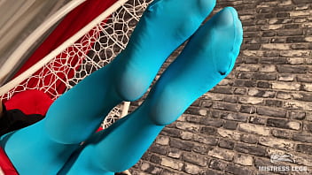 Long sexy legsand feet in blue nylons swings in a hanging chair above you