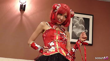 Skinny japanese cosplay gir give blowjob and handjob to two old stranger guys at convention