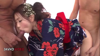 Seductive japanese wife kaori shares fiery passion with two lucky men