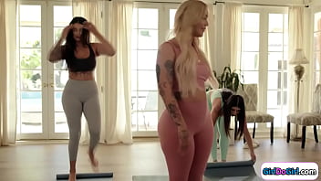Blonde tattooed yoga teacher kisses busty latina while helping her bff with a lesbians suck boobs and give doggystyle oral pussy licking