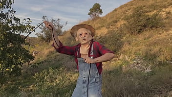 A halloween thief is caught and hard fucked in the mouth and ass by a creepy afterlife farmer