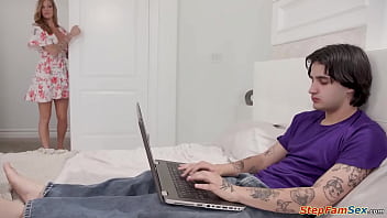 Busty stepmom annie king walks into her stepson jacking off big tit milf offers her shaved horny guy licks and fucks his stepmommy