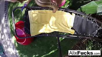 Blonde babe works her tight pussy