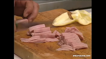 Sexy brunette vanessa gets laid in the kitchen while some guy cooks