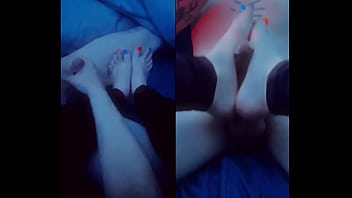 Handjob footjob split screen