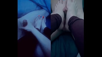 Handjob footjob split screen