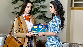 Pretty little cute teen tries lesbian strap on sex with her milf tutor