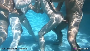 Nasty Trannies And Male Friends Having Orgy By The Pool thumbnail