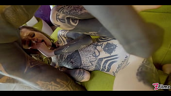 Tattooed girl swallows long cock whole and cum inside her pussy