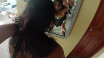 Hot asian maid bent over and fucked hard in the mirror