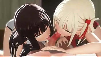 They are giving a boy a blowjob