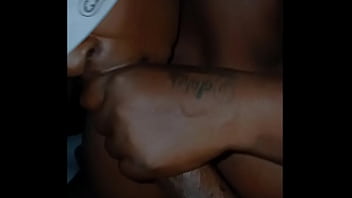 Blindfolded girl with big breast sucks big dick