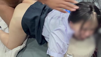 College cute girl 18 got fucked while wearing her uniform cum stained her skirt