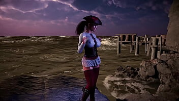 Leader of thieves lara croft shows her tanned body on the seashore