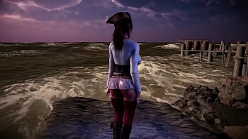 Leader of thieves lara croft shows her tanned body on the seashore