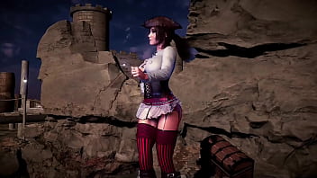 Leader of thieves lara croft shows her tanned body on the seashore