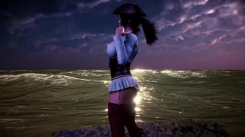 Leader of thieves lara croft shows her tanned body on the seashore