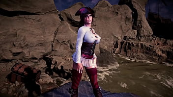 Leader of thieves lara croft shows her tanned body on the seashore