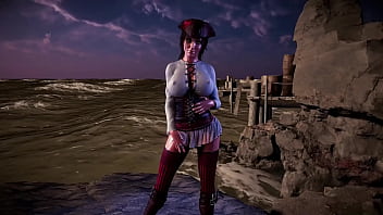 Leader of thieves lara croft shows her tanned body on the seashore