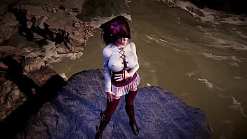 Leader of thieves lara croft shows her tanned body on the seashore