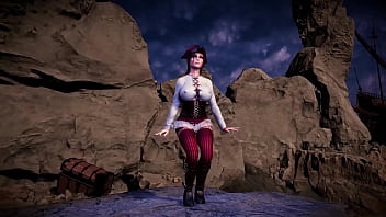 Leader of thieves lara croft shows her tanned body on the seashore