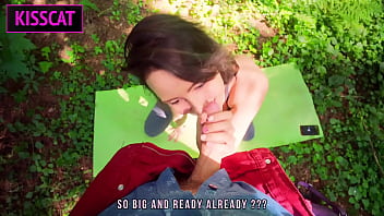 Sexy teen training in forest with sucking and rides on stranger's dick