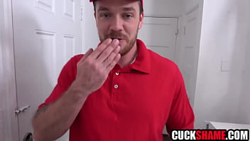 Cuckold husband sharing wife with pizza boy