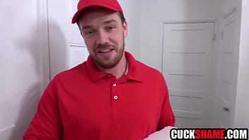 Cuckold husband sharing wife with pizza boy