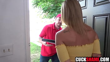 Cuckold husband sharing wife with pizza boy