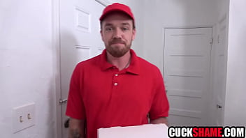 Cuckold husband sharing wife with pizza boy