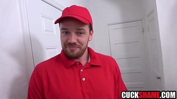 Cuckold husband sharing wife with pizza boy