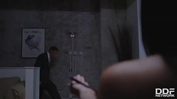 Cock sucking brunette slobbers over massive hard on