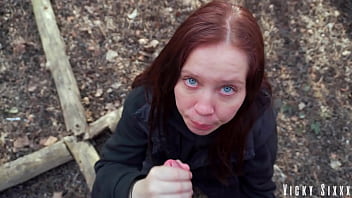 Stuffed blue eyed slut's mouth with my thick cock in the bushes