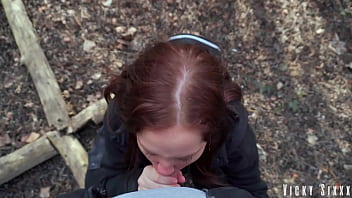 Stuffed blue eyed slut's mouth with my thick cock in the bushes