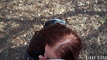 Stuffed blue eyed slut's mouth with my thick cock in the bushes