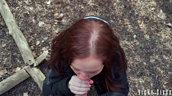 Stuffed blue eyed slut's mouth with my thick cock in the bushes