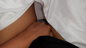 Our risky masturbation under the blanket next to my stepmother