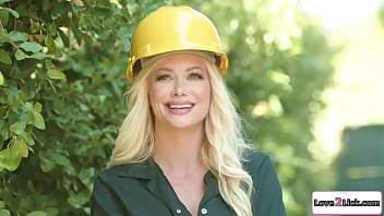 Brunette apprentice flirts with a busty electrician and they big tits milf gives her oral sex and then the small tits babe fingers her pussy